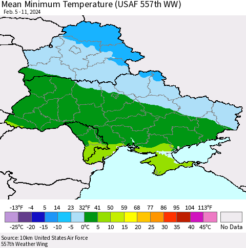 Ukraine, Moldova and Belarus Mean Minimum Temperature (USAF 557th WW) Thematic Map For 2/5/2024 - 2/11/2024