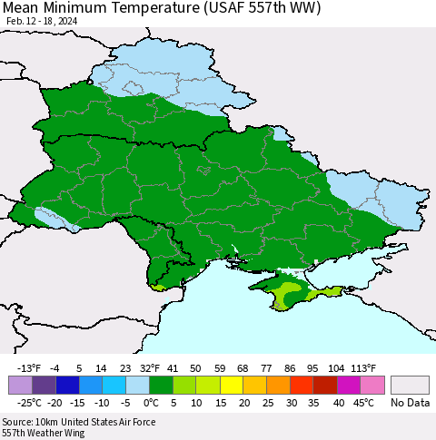 Ukraine, Moldova and Belarus Mean Minimum Temperature (USAF 557th WW) Thematic Map For 2/12/2024 - 2/18/2024