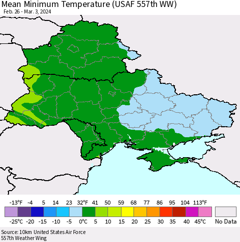 Ukraine, Moldova and Belarus Mean Minimum Temperature (USAF 557th WW) Thematic Map For 2/26/2024 - 3/3/2024