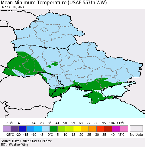 Ukraine, Moldova and Belarus Mean Minimum Temperature (USAF 557th WW) Thematic Map For 3/4/2024 - 3/10/2024