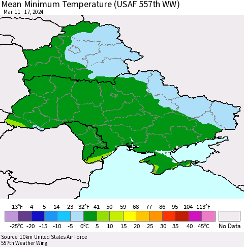 Ukraine, Moldova and Belarus Mean Minimum Temperature (USAF 557th WW) Thematic Map For 3/11/2024 - 3/17/2024