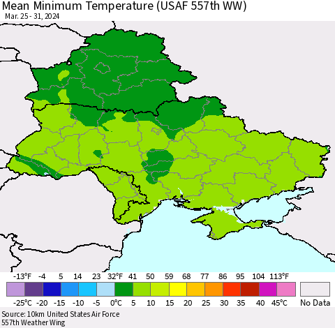 Ukraine, Moldova and Belarus Mean Minimum Temperature (USAF 557th WW) Thematic Map For 3/25/2024 - 3/31/2024