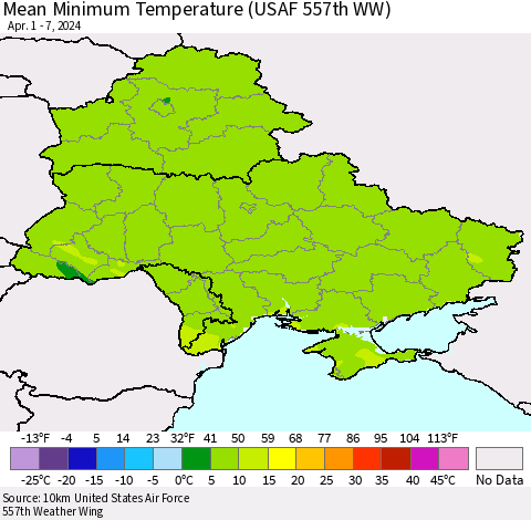 Ukraine, Moldova and Belarus Mean Minimum Temperature (USAF 557th WW) Thematic Map For 4/1/2024 - 4/7/2024