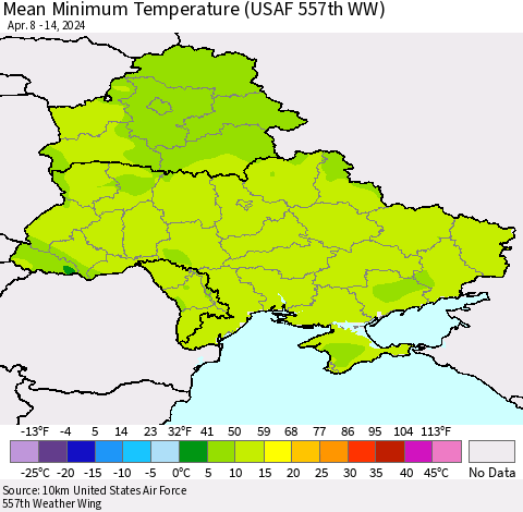 Ukraine, Moldova and Belarus Mean Minimum Temperature (USAF 557th WW) Thematic Map For 4/8/2024 - 4/14/2024