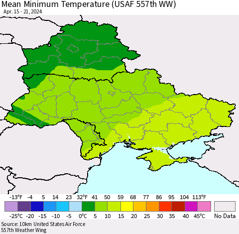 Ukraine, Moldova and Belarus Mean Minimum Temperature (USAF 557th WW) Thematic Map For 4/15/2024 - 4/21/2024