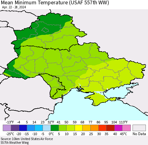Ukraine, Moldova and Belarus Mean Minimum Temperature (USAF 557th WW) Thematic Map For 4/22/2024 - 4/28/2024