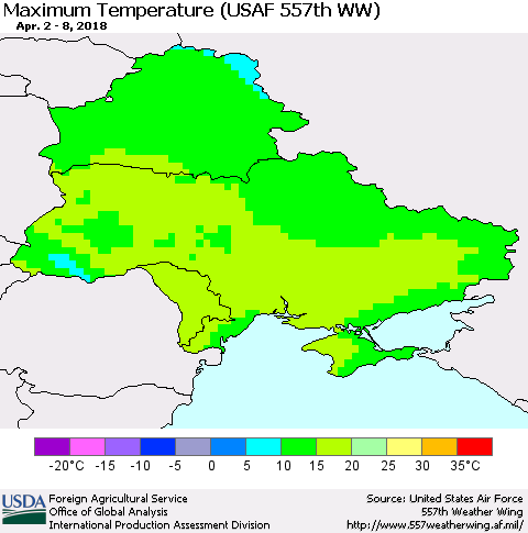 Ukraine, Moldova and Belarus Mean Maximum Temperature (USAF 557th WW) Thematic Map For 4/2/2018 - 4/8/2018