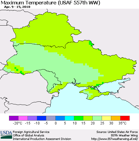 Ukraine, Moldova and Belarus Mean Maximum Temperature (USAF 557th WW) Thematic Map For 4/9/2018 - 4/15/2018