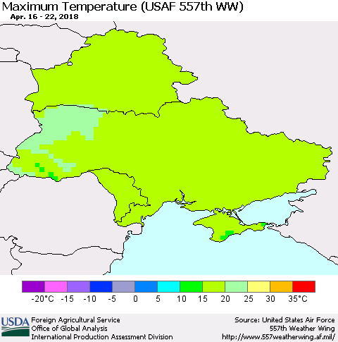 Ukraine, Moldova and Belarus Mean Maximum Temperature (USAF 557th WW) Thematic Map For 4/16/2018 - 4/22/2018
