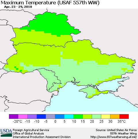 Ukraine, Moldova and Belarus Mean Maximum Temperature (USAF 557th WW) Thematic Map For 4/23/2018 - 4/29/2018