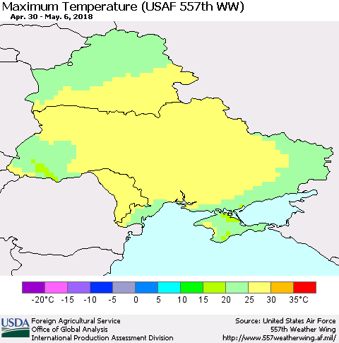 Ukraine, Moldova and Belarus Mean Maximum Temperature (USAF 557th WW) Thematic Map For 4/30/2018 - 5/6/2018