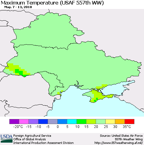 Ukraine, Moldova and Belarus Mean Maximum Temperature (USAF 557th WW) Thematic Map For 5/7/2018 - 5/13/2018