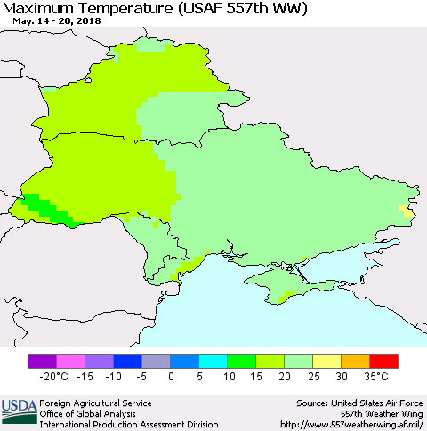 Ukraine, Moldova and Belarus Mean Maximum Temperature (USAF 557th WW) Thematic Map For 5/14/2018 - 5/20/2018