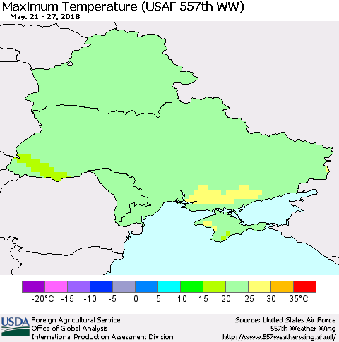 Ukraine, Moldova and Belarus Mean Maximum Temperature (USAF 557th WW) Thematic Map For 5/21/2018 - 5/27/2018
