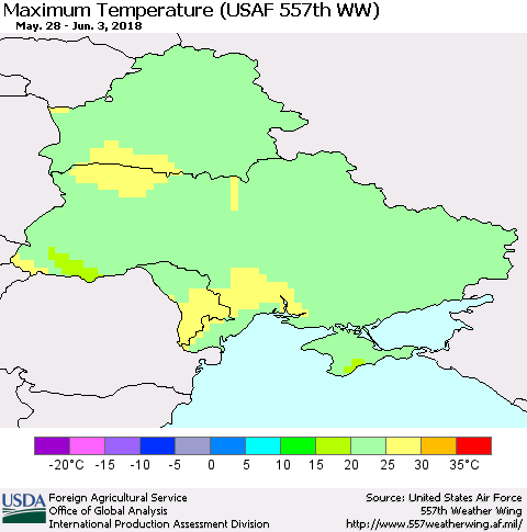 Ukraine, Moldova and Belarus Mean Maximum Temperature (USAF 557th WW) Thematic Map For 5/28/2018 - 6/3/2018