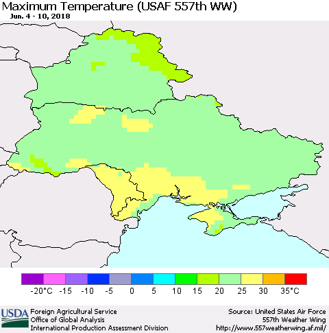 Ukraine, Moldova and Belarus Mean Maximum Temperature (USAF 557th WW) Thematic Map For 6/4/2018 - 6/10/2018