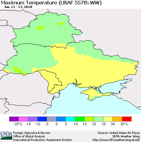 Ukraine, Moldova and Belarus Mean Maximum Temperature (USAF 557th WW) Thematic Map For 6/11/2018 - 6/17/2018