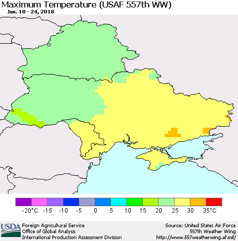 Ukraine, Moldova and Belarus Mean Maximum Temperature (USAF 557th WW) Thematic Map For 6/18/2018 - 6/24/2018