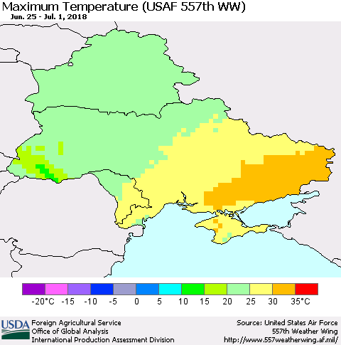 Ukraine, Moldova and Belarus Mean Maximum Temperature (USAF 557th WW) Thematic Map For 6/25/2018 - 7/1/2018