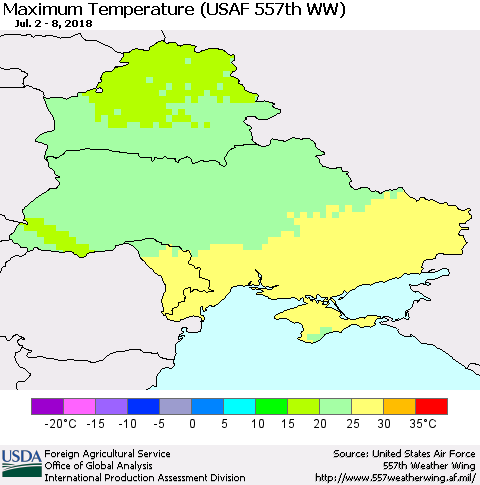 Ukraine, Moldova and Belarus Mean Maximum Temperature (USAF 557th WW) Thematic Map For 7/2/2018 - 7/8/2018