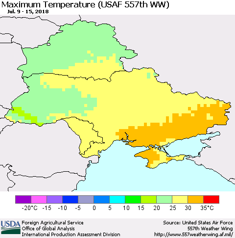 Ukraine, Moldova and Belarus Mean Maximum Temperature (USAF 557th WW) Thematic Map For 7/9/2018 - 7/15/2018