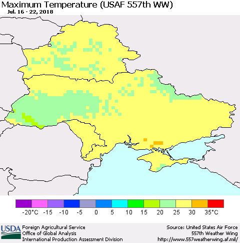 Ukraine, Moldova and Belarus Mean Maximum Temperature (USAF 557th WW) Thematic Map For 7/16/2018 - 7/22/2018