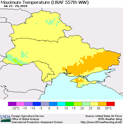 Ukraine, Moldova and Belarus Mean Maximum Temperature (USAF 557th WW) Thematic Map For 7/23/2018 - 7/29/2018
