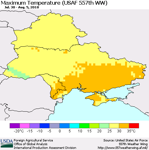 Ukraine, Moldova and Belarus Mean Maximum Temperature (USAF 557th WW) Thematic Map For 7/30/2018 - 8/5/2018