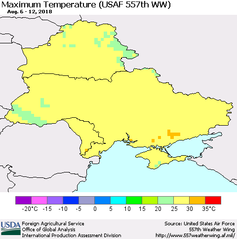 Ukraine, Moldova and Belarus Mean Maximum Temperature (USAF 557th WW) Thematic Map For 8/6/2018 - 8/12/2018