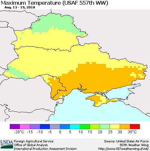 Ukraine, Moldova and Belarus Mean Maximum Temperature (USAF 557th WW) Thematic Map For 8/13/2018 - 8/19/2018