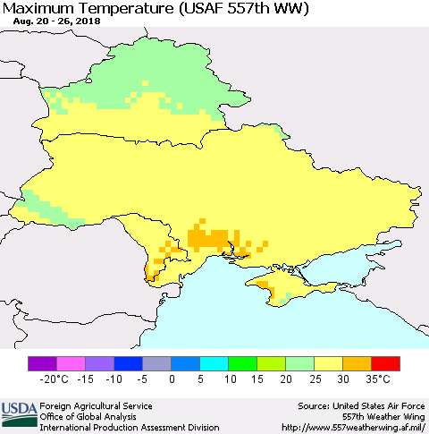 Ukraine, Moldova and Belarus Mean Maximum Temperature (USAF 557th WW) Thematic Map For 8/20/2018 - 8/26/2018