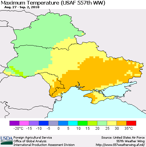 Ukraine, Moldova and Belarus Mean Maximum Temperature (USAF 557th WW) Thematic Map For 8/27/2018 - 9/2/2018