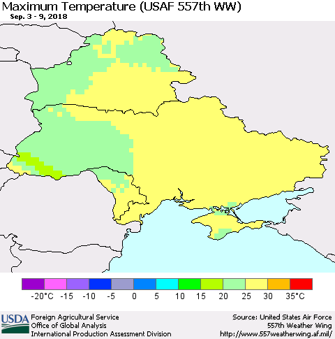 Ukraine, Moldova and Belarus Maximum Temperature (USAF 557th WW) Thematic Map For 9/3/2018 - 9/9/2018