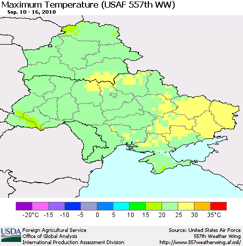 Ukraine, Moldova and Belarus Maximum Temperature (USAF 557th WW) Thematic Map For 9/10/2018 - 9/16/2018