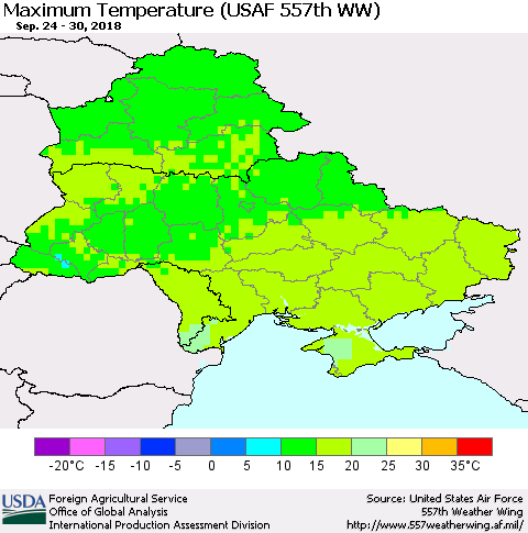 Ukraine, Moldova and Belarus Maximum Temperature (USAF 557th WW) Thematic Map For 9/24/2018 - 9/30/2018