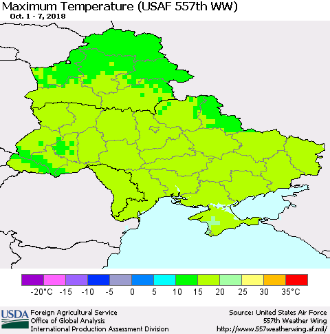 Ukraine, Moldova and Belarus Maximum Temperature (USAF 557th WW) Thematic Map For 10/1/2018 - 10/7/2018