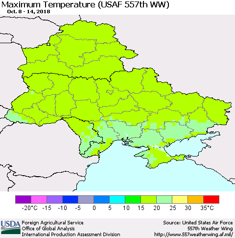 Ukraine, Moldova and Belarus Mean Maximum Temperature (USAF 557th WW) Thematic Map For 10/8/2018 - 10/14/2018