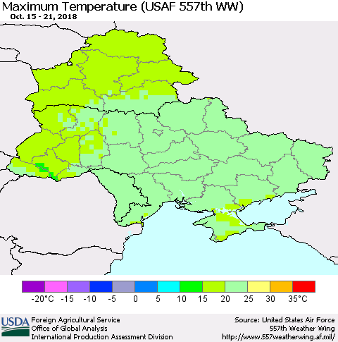 Ukraine, Moldova and Belarus Mean Maximum Temperature (USAF 557th WW) Thematic Map For 10/15/2018 - 10/21/2018