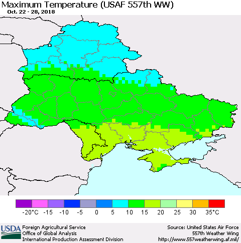 Ukraine, Moldova and Belarus Maximum Temperature (USAF 557th WW) Thematic Map For 10/22/2018 - 10/28/2018
