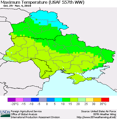 Ukraine, Moldova and Belarus Mean Maximum Temperature (USAF 557th WW) Thematic Map For 10/29/2018 - 11/4/2018