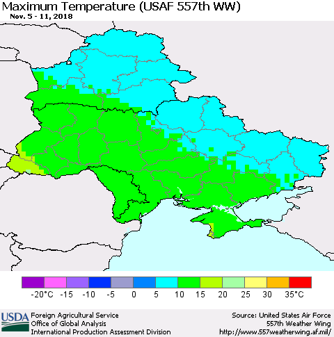 Ukraine, Moldova and Belarus Maximum Temperature (USAF 557th WW) Thematic Map For 11/5/2018 - 11/11/2018