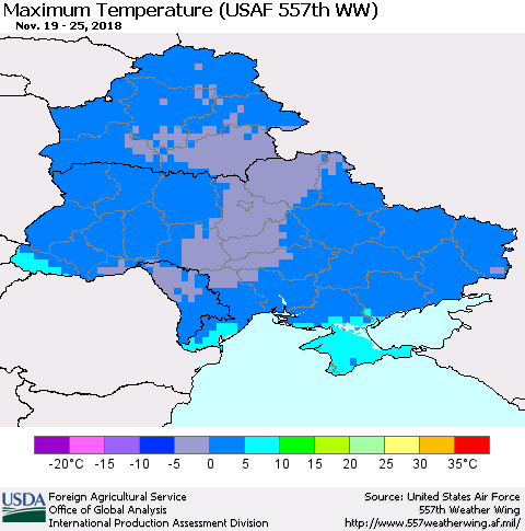 Ukraine, Moldova and Belarus Maximum Temperature (USAF 557th WW) Thematic Map For 11/19/2018 - 11/25/2018
