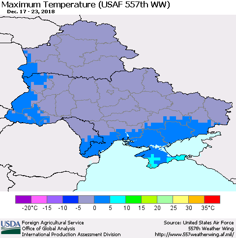 Ukraine, Moldova and Belarus Maximum Temperature (USAF 557th WW) Thematic Map For 12/17/2018 - 12/23/2018