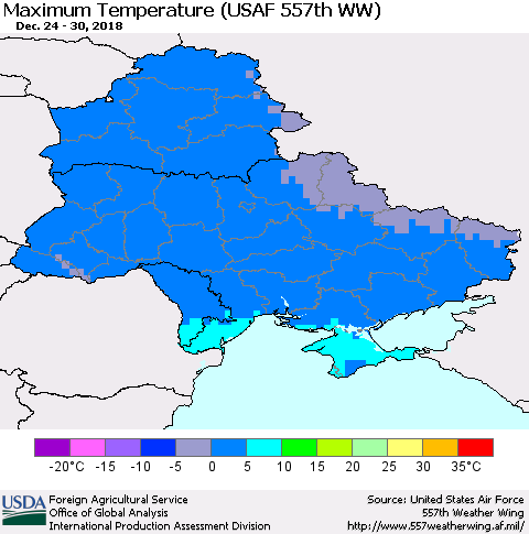 Ukraine, Moldova and Belarus Maximum Temperature (USAF 557th WW) Thematic Map For 12/24/2018 - 12/30/2018