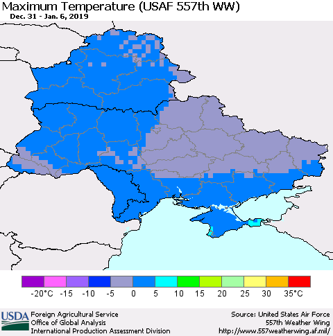 Ukraine, Moldova and Belarus Maximum Temperature (USAF 557th WW) Thematic Map For 12/31/2018 - 1/6/2019