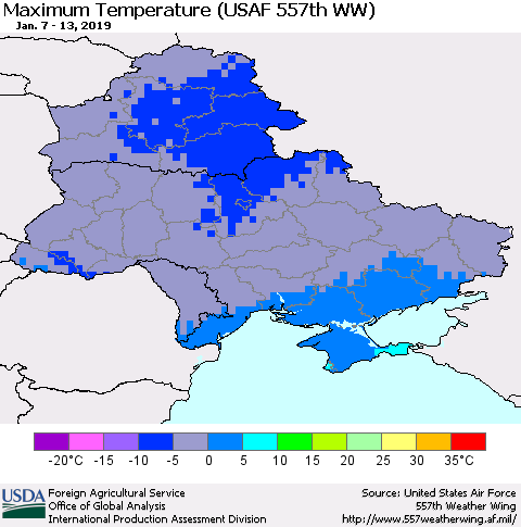 Ukraine, Moldova and Belarus Mean Maximum Temperature (USAF 557th WW) Thematic Map For 1/7/2019 - 1/13/2019