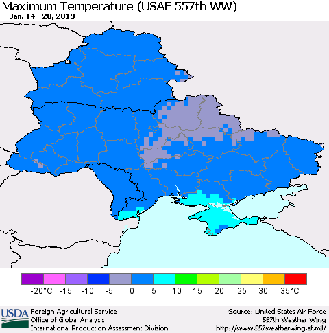 Ukraine, Moldova and Belarus Mean Maximum Temperature (USAF 557th WW) Thematic Map For 1/14/2019 - 1/20/2019
