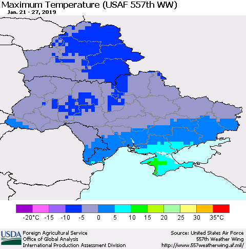 Ukraine, Moldova and Belarus Mean Maximum Temperature (USAF 557th WW) Thematic Map For 1/21/2019 - 1/27/2019