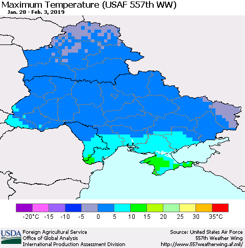 Ukraine, Moldova and Belarus Maximum Temperature (USAF 557th WW) Thematic Map For 1/28/2019 - 2/3/2019