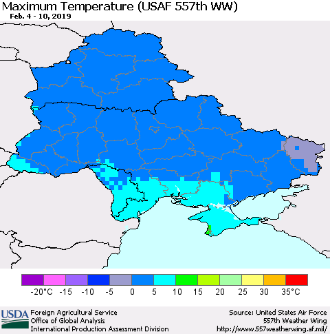 Ukraine, Moldova and Belarus Maximum Temperature (USAF 557th WW) Thematic Map For 2/4/2019 - 2/10/2019